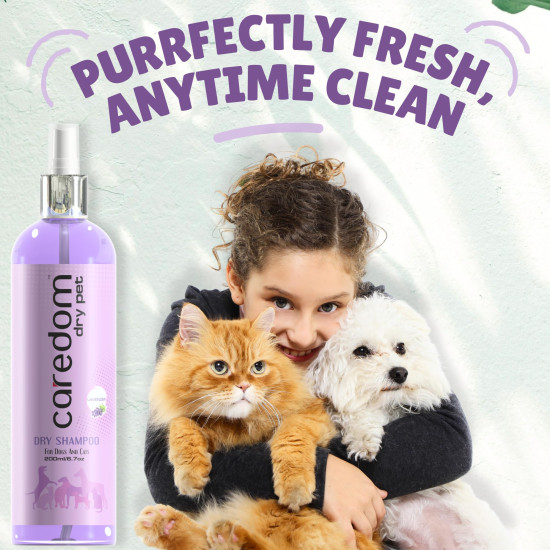 Caredom Dry Shampoo for Dogs & Cats | Waterless Dog Shampoo Spray with Lavender | Dry Bath for Cats | Fresh & Clean for Pets | Wash Grooming Spray (200 ml)