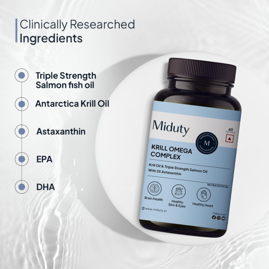 Miduty Antarctic Fish Krill Oil - Triple Strength Omega 3 Capsule With Astaxanthin- Antioxidant - EPA & DHA - For Joints - Heart - Liver Krill Omega 3 Supplement 60 Softgel