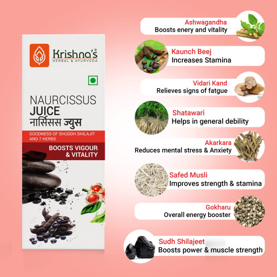 KRISHNA'S HERBAL & AYURVEDA Naurcissus Juice-500 Ml Ayurvedic Ingridients Ashwagandha,Kaunch Beej,Vidari Kand,Shatawari,Akarkara,Safed Musli,Gokhru Stamina,Vigor,Vitality&Energy Booster KRISHNA'S HERBAL & AYURVEDA Naurcissus Juice-500 Ml Ayurvedic Ingridients Ashwagandha,Kaunch Beej,Vidari Kand,Shatawari,Akarkara,Safed Musli,Gokhru Stamina,Vigor,Vitality&Energy Booster