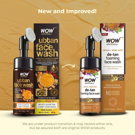 WOW Skin Science Ubtan Foaming Face Wash | Built in Brush for Deep Cleansing | Turmeric & Saffron | All Skin Types | Bright, Clear Skin | Paraben & Sulphates Free| Face Wash for Women & Men | 150 ml