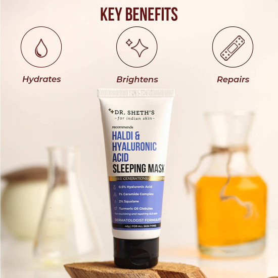 Dr. Sheth's Haldi & Hyaluronic Acid Sleeping Mask Cream For Even Tone, Acne, Dullness & Hydration | With Ceramides & Vitamin E For Women & Men -40g