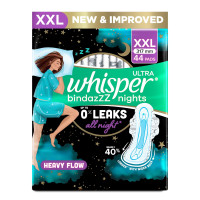 Whisper Bindazzz Nights 44 XXL Sanitary Pads, Upto 0% Leaks All Night Long, For Heavy Flow, Nearly 40% Longer with Wider Back, Active odor lock so you feel fresh, Disposable Wrapper