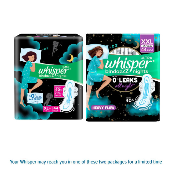 Whisper Bindazzz Nights 44 XXL Sanitary Pads, Upto 0% Leaks All Night Long, For Heavy Flow, Nearly 40% Longer with Wider Back, Active odor lock so you feel fresh, Disposable Wrapper Whisper Bindazzz Nights 44 XXL Sanitary Pads, Upto 0% Leaks All Night Long, For Heavy Flow, Nearly 40% Longer with Wider Back, Active odor lock so you feel fresh, Disposable Wrapper