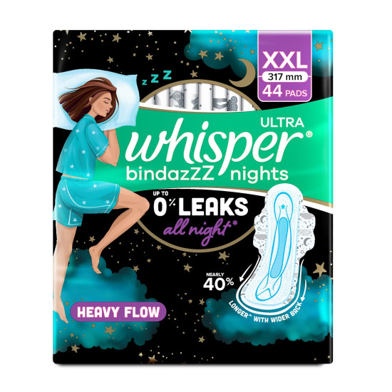 Whisper Bindazzz Nights 44 XXL Sanitary Pads, Upto 0% Leaks All Night Long, For Heavy Flow, Nearly 40% Longer with Wider Back, Active odor lock so you feel fresh, Disposable Wrapper Whisper Bindazzz Nights 44 XXL Sanitary Pads, Upto 0% Leaks All Night Long, For Heavy Flow, Nearly 40% Longer with Wider Back, Active odor lock so you feel fresh, Disposable Wrapper