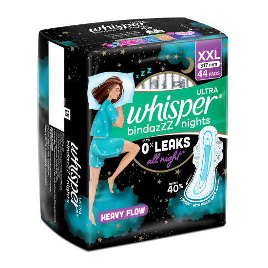 Whisper Bindazzz Nights 44 XXL Sanitary Pads, Upto 0% Leaks All Night Long, For Heavy Flow, Nearly 40% Longer with Wider Back, Active odor lock so you feel fresh, Disposable Wrapper Whisper Bindazzz Nights 44 XXL Sanitary Pads, Upto 0% Leaks All Night Long, For Heavy Flow, Nearly 40% Longer with Wider Back, Active odor lock so you feel fresh, Disposable Wrapper