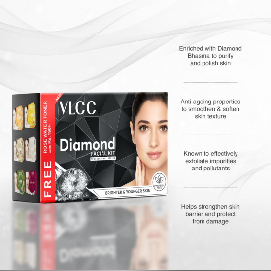 VLCC Diamond Facial Kit with FREE Rose Water Toner - 300g + 100ml | Skin Purifying Facial with Colloidal Diamond, Jojoba Oil, Olive Oil & Aloe Vera. Detoxifying At Home Facial.