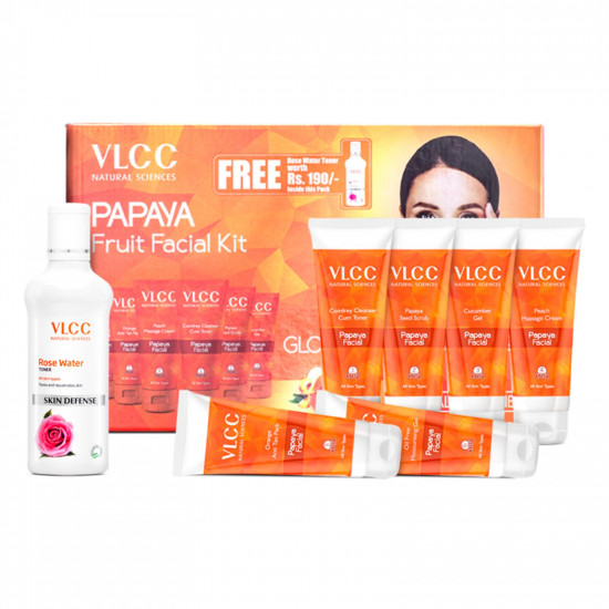 VLCC Papaya Fruit Facial Kit with FREE Rose Water Toner - 300g + 100ml | Glowing, Blemish Free Skin | With Papaya, Cucumber, Peach & Orange Peel Extracts | Glowing at Home Facial Kit.