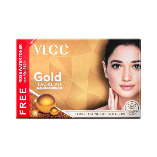 VLCC Gold Facial Kit with FREE Rose Water Toner - 300g + 100ml | 24K Colloidal Gold And Aloe Vera At Home Facial Kit | Bright & Radiant Complexion, Skin Cell Regeneration | Instant Glow Facial.