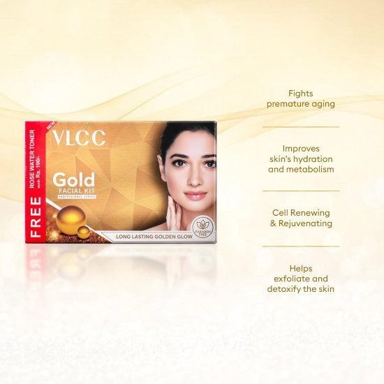 VLCC Gold Facial Kit with FREE Rose Water Toner - 300g + 100ml | 24K Colloidal Gold And Aloe Vera At Home Facial Kit | Bright & Radiant Complexion, Skin Cell Regeneration | Instant Glow Facial.