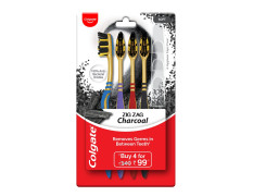 Colgate ZigZag Charcoal Soft Bristle Manual Toothbrush for adults - 4 Pcs, Removes Germs in Between Teeth, Soft-tongue cleaner, Antibacterial bristles