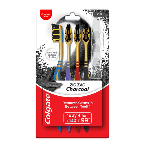 Colgate ZigZag Charcoal Soft Bristle Manual Toothbrush for adults - 4 Pcs, Removes Germs in Between Teeth, Soft-tongue cleaner, Antibacterial bristles