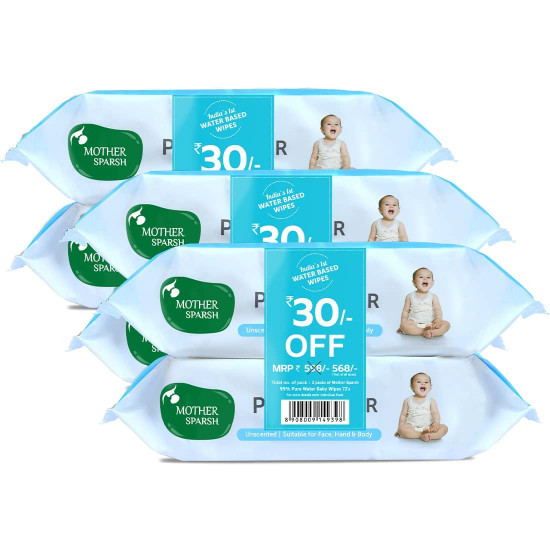 Mother Sparsh 99% Pure Water (Unscented) Baby Wipes I Natural Plant Made Cloth - Super Thick I 72 pcs/Pack - Pack of 6 (Super Saver Pack)