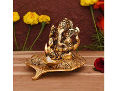 Collectible India Aluminium Ganesh with Diya Idol, Medium, Gold, Paper
