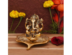 Collectible India Aluminium Ganesh with Diya Idol, Medium, Gold, Paper