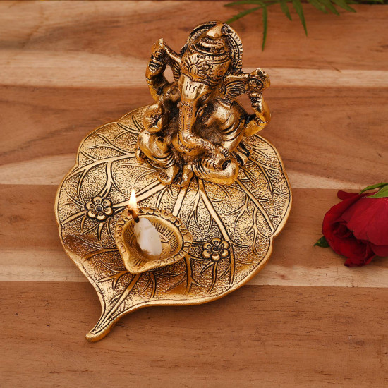 Collectible India Aluminium Ganesh with Diya Idol, Medium, Gold, Paper