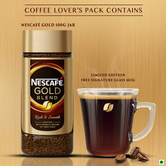 Nescafe Gold Blend Instant Coffee Powder - Glass Jar (Limited Edition Pack,Arabica and Robusta beans) Jar, 100g With Free Glass Mug