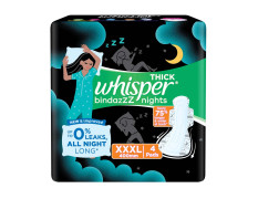Whisper Bindazzz Night Sanitary Pads|4 thick Pads|XXXL|upto 0% Leaks|Suitable for Heavy Flow|75% Longer & Wider back|Comfortable Cushiony soft wings|40 cm Long|With disposable wrap