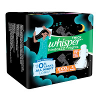 Whisper Bindazzz Night Sanitary Pads|4 thick Pads|XXXL|upto 0% Leaks|Suitable for Heavy Flow|75% Longer & Wider back|Comfortable Cushiony soft wings|40 cm Long|With disposable wrap Whisper Bindazzz Night Sanitary Pads|4 thick Pads|XXXL|upto 0% Leaks|Suitable for Heavy Flow|75% Longer & Wider back|Comfortable Cushiony soft wings|40 cm Long|With disposable wrap