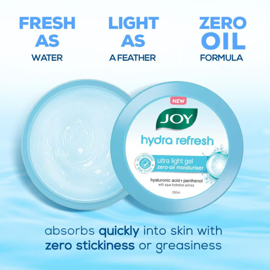 Joy Hydra Refresh Ultra Light Gel, Oil Free Moisturizer with Hyaluronic Acid & Vitamin E 150ml x 2 - Non Sticky & Lightweight Face Cream for Oily Skin for 48hr Moisturization