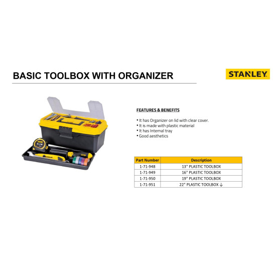 STANLEY 1-71-948 13'' Organized Maestro Heavy-Duty Portable Plastic Essential Toolbox With Clear Top Lid & Removable Tray Compartment For Easy & Convenient Storage,1 Year Warranty,YELLOW,32x13.5x15 cm