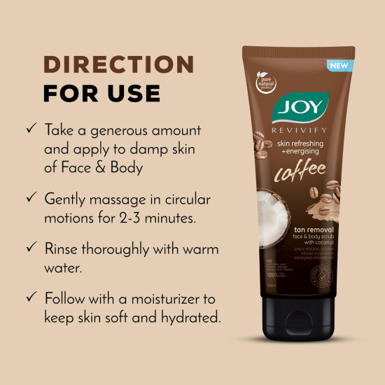 Joy Exfoliating Coffee Face & Body Scrub for Men & Women (200gm) | Anti Pollution Scrub with Coconut & Coffee | Deeply Exfoliates & Removes Dirt | 100% Vegan & Gentle on Skin