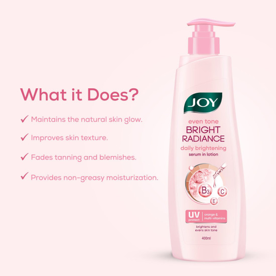 Joy Even Tone Bright Radiance Brightening Summer Body Lotion 400ml | With Niacinamide & Alpha Arbutin | Removes Tan, Dark Spots & Restores Natural Glow | Lightweight, Non Sticky & Non Greasy