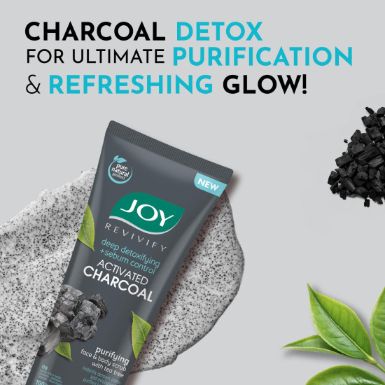 Joy Exfoliating Charcoal Face Scrub for Men & Women (200gm) | Oil Control Scrub For Face with Tea Tree | Detoxifies & Purifies All Skin Types | 100% Vegan; Gentle on Skin