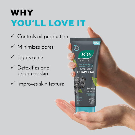 Joy Exfoliating Charcoal Face Scrub for Men & Women (200gm) | Oil Control Scrub For Face with Tea Tree | Detoxifies & Purifies All Skin Types | 100% Vegan; Gentle on Skin