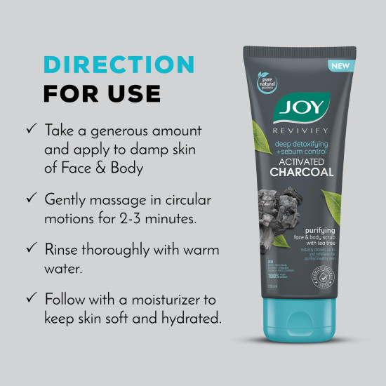 Joy Exfoliating Charcoal Face Scrub for Men & Women (200gm) | Oil Control Scrub For Face with Tea Tree | Detoxifies & Purifies All Skin Types | 100% Vegan; Gentle on Skin