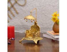 Collectible India Metal Singhasan Oval Shaped for Ganesha Krishna God Idols - Gold Plated Ladoo Gopal Pooja Chowki for Temple Mandir Puja Idol Decoration Items (1 Pieces)