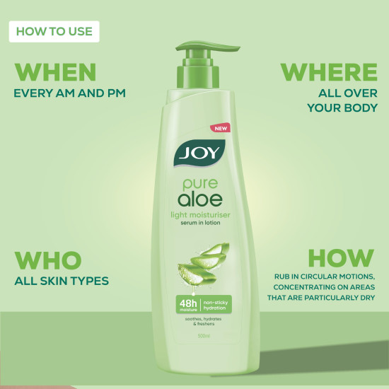 Joy Pure Aloe Light Moisturizing Body Lotion 500ml | 48Hr Moisture for Men & Women | Soothes, Hydrates & Freshens Dry Skin | Ideal for Summer | Lightweight, NonSticky & Non-Greasy | For All Skin Types