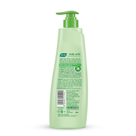 Joy Pure Aloe Light Moisturizing Body Lotion 500ml | 48Hr Moisture for Men & Women | Soothes, Hydrates & Freshens Dry Skin | Ideal for Summer | Lightweight, NonSticky & Non-Greasy | For All Skin Types