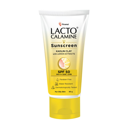 Lacto Calamine Sunscreen SPF 50 | 50g | PA +++ Sunscreen For Oily Skin | UVA – UVB Sunscreen | Water Resistant & No White Cast | With Kaolin Clay, Vitamin E & Lemon Extracts | Paraben Free