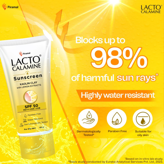 Lacto Calamine Sunscreen SPF 50 | 50g | PA +++ Sunscreen For Oily Skin | UVA – UVB Sunscreen | Water Resistant & No White Cast | With Kaolin Clay, Vitamin E & Lemon Extracts | Paraben Free