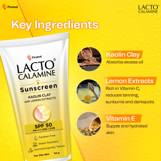 Lacto Calamine Sunscreen SPF 50 | 50g | PA +++ Sunscreen For Oily Skin | UVA – UVB Sunscreen | Water Resistant & No White Cast | With Kaolin Clay, Vitamin E & Lemon Extracts | Paraben Free