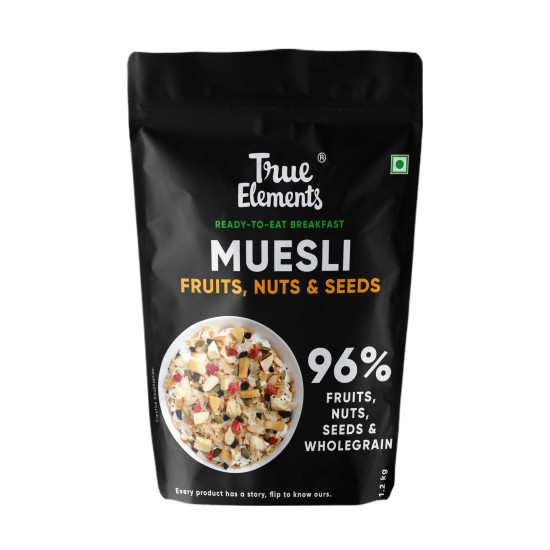 Muesli Fruit and Nuts 1.2kg by True Elements- With Real Fruits & Almonds | 100% Wholegrain | Cereal for Breakfast | Protein Muesli | No Added Sugar | Super Value Pack Muesli Fruit and Nuts 1.2kg by True Elements- With Real Fruits & Almonds | 100% Wholegrain | Cereal for Breakfast | Protein Muesli | No Added Sugar | Super Value Pack