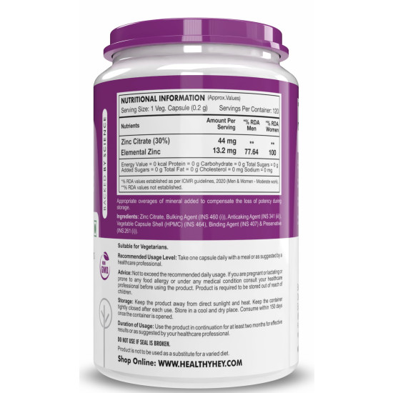 HealthyHey Nutrition Zinc Citrate, Supports Immune and Immunity - 120 Veg Capsules