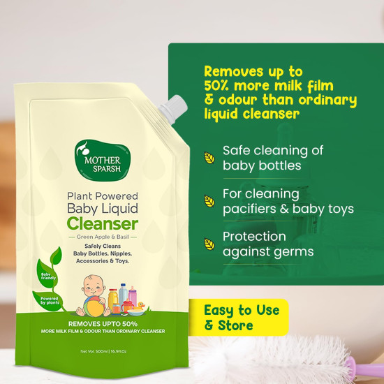 Mother Sparsh Natural Baby Liquid Cleanser (Powered by Plants) Cleanser for Baby Bottles, Nipples, Accessories and Toys, Refill Pack (1L)