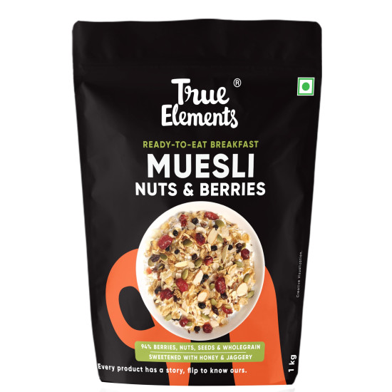 True Elements Crunchy Nuts & Berries Muesli 1kg | Cereal for Breakfast | Diet Food | No Malt extract, Corn flakes or grain flour | No Sugar Candied Fruits | Has Almonds & Cranberries | Healthy breakfast True Elements Crunchy Nuts & Berries Muesli 1kg | Cereal for Breakfast | Diet Food | No Malt extract, Corn flakes or grain flour | No Sugar Candied Fruits | Has Almonds & Cranberries | Healthy breakfast