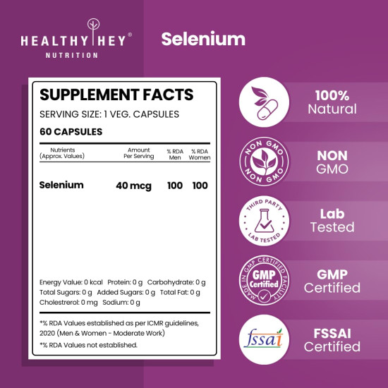 HealthyHey Nutrition Selenium Capsules 40mcg - Superior Absorption - 60 Vegetarian Capsules