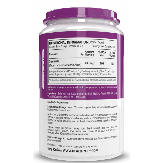 HealthyHey Nutrition Selenium Capsules 40mcg - Superior Absorption - 60 Vegetarian Capsules