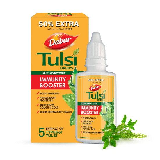 Dabur Tulsi Drops : 30ml (20ml + 10ml Free) | Contains Extracts of 5 Rare Tulsi | Boosts Immunity | Cough And Cold Relief | 100% Ayurvedic | Builds Respiratory Health Dabur Tulsi Drops : 30ml (20ml + 10ml Free) | Contains Extracts of 5 Rare Tulsi | Boosts Immunity | Cough And Cold Relief | 100% Ayurvedic | Builds Respiratory Health