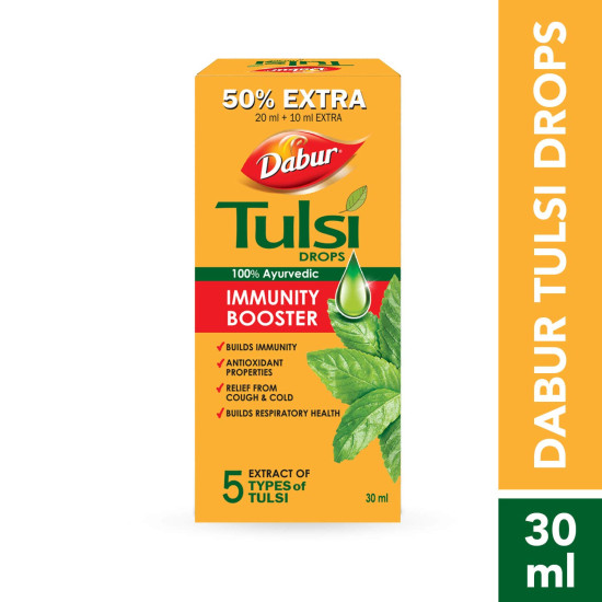 Dabur Tulsi Drops : 30ml (20ml + 10ml Free) | Contains Extracts of 5 Rare Tulsi | Boosts Immunity | Cough And Cold Relief | 100% Ayurvedic | Builds Respiratory Health Dabur Tulsi Drops : 30ml (20ml + 10ml Free) | Contains Extracts of 5 Rare Tulsi | Boosts Immunity | Cough And Cold Relief | 100% Ayurvedic | Builds Respiratory Health