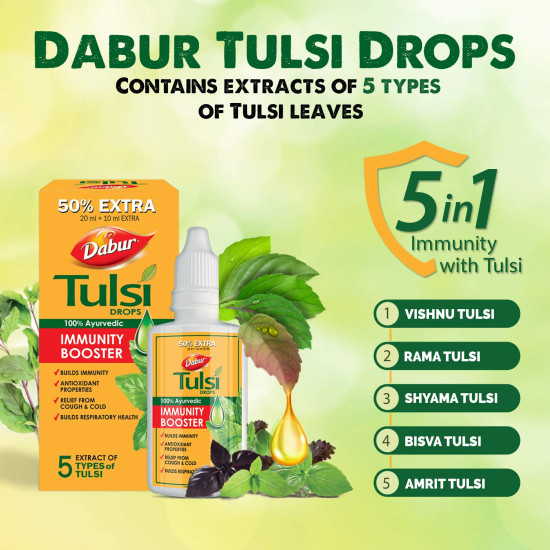 Dabur Tulsi Drops : 30ml (20ml + 10ml Free) | Contains Extracts of 5 Rare Tulsi | Boosts Immunity | Cough And Cold Relief | 100% Ayurvedic | Builds Respiratory Health Dabur Tulsi Drops : 30ml (20ml + 10ml Free) | Contains Extracts of 5 Rare Tulsi | Boosts Immunity | Cough And Cold Relief | 100% Ayurvedic | Builds Respiratory Health