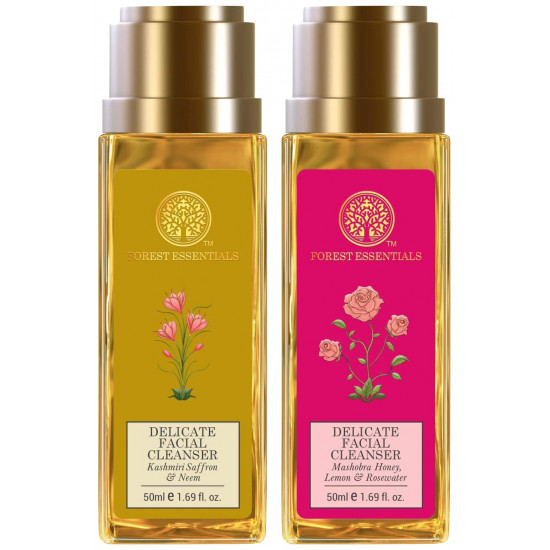 Forest Essentials Delicate Facial Cleanser, Saffron and Neem, 50ml and Travel Size Facial Cleanser Rosewater, Honey Lemon, 50ml