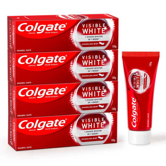 Colgate Visible White Toothpaste 400g (100g x Pack of 4) Teeth Whitening Starts in 1 week, Safe on Enamel, Stain Removal and Minty Flavour for Fresh Breath