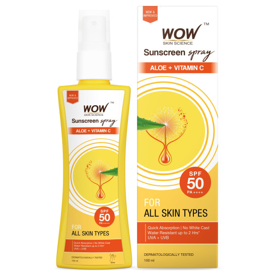 WOW Skin Science Sunscreen Spray | For All Skin Types| SPF 50 PA++++ | Brightens Skin | With Aloe Vera & Vitamin C| Lightweight | Quick Absorbing | UVA & UVB Protection | 100mL