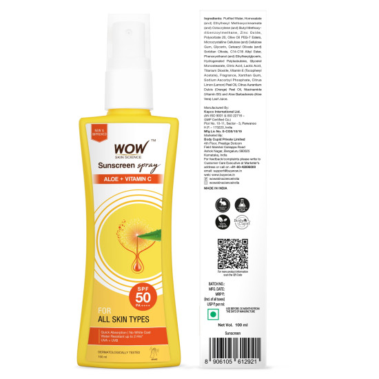WOW Skin Science Sunscreen Spray | For All Skin Types| SPF 50 PA++++ | Brightens Skin | With Aloe Vera & Vitamin C| Lightweight | Quick Absorbing | UVA & UVB Protection | 100mL