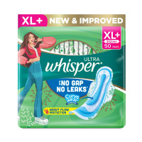 WHISPER ULTRA HYGIENE+COMFORT SANITARY PADS, 50 XL+ PADS, FOR HEAVY FLOW, LONG LASTING PROTECTION, LOCKS ODOUR & WETNESS, DRY TOP SHEET, DISPOSABLE WRAPPER
