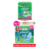 WHISPER ULTRA HYGIENE+COMFORT SANITARY PADS, 50 XL+ PADS, FOR HEAVY FLOW, LONG LASTING PROTECTION, LOCKS ODOUR & WETNESS, DRY TOP SHEET, DISPOSABLE WRAPPER
